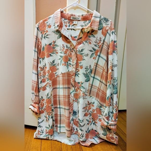 Coldwater Creek Tops - Coldwater Creek Mixed Floral & Plaid Button‑Down Shirt – Petite XL – Cotton/Line